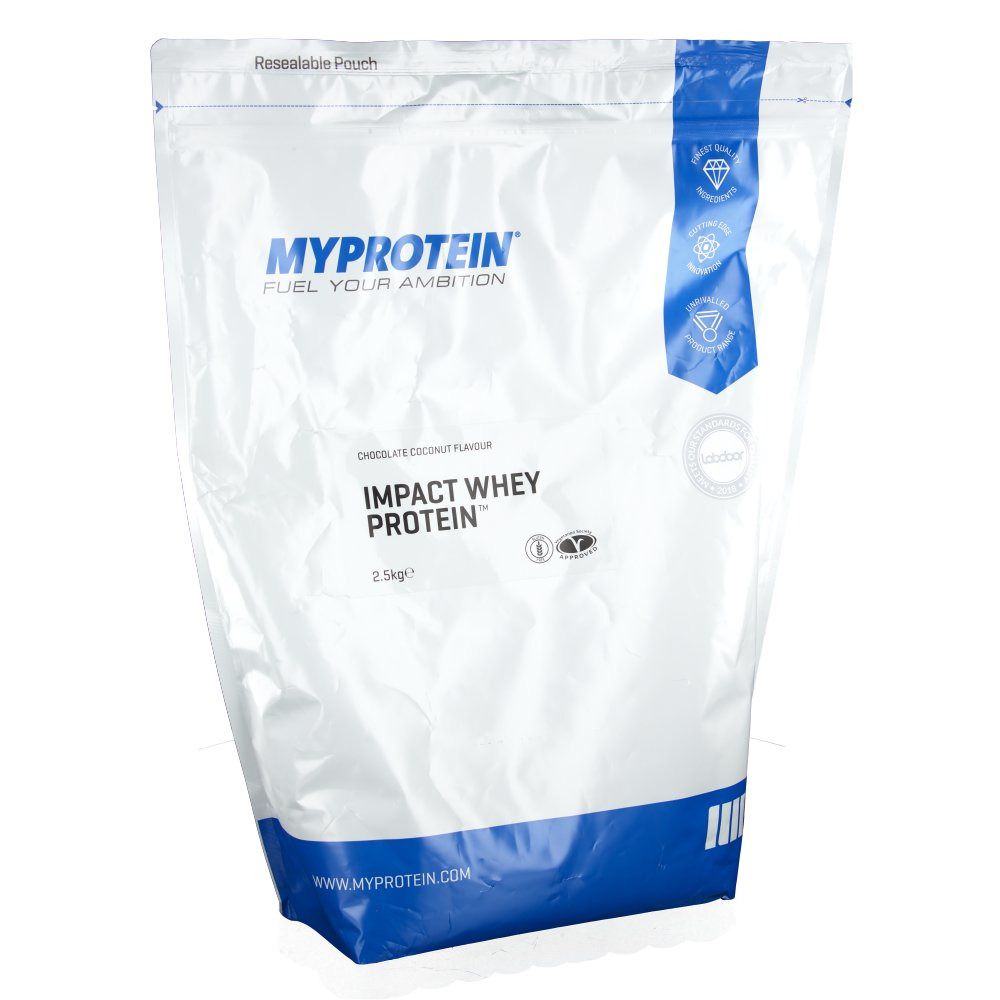 Weißer Beutel mit blauem Akzent. Aufschrift: MYPROTEIN, IMPACT WHEY PROTEIN, 2.5kg. Siegel: 'Resealable Pouch'.