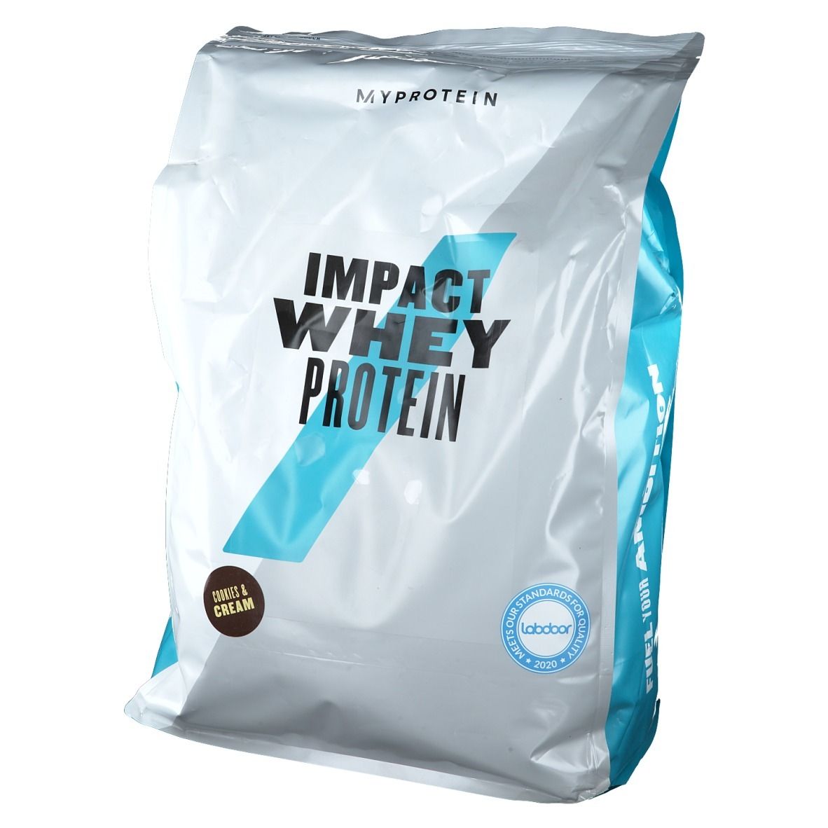 Myprotein Impact Whey Protein, Cookies & Cream. Blau-weißes Design mit Logo und Produktnamen. Labdoor-Zertifizierung.