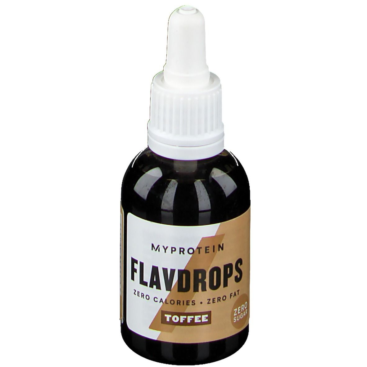 Braune Flasche mit weißem Deckel. Aufschrift: Myprotein FlavDrops, Toffee, Zero Calories, Zero Fat, Zero Sugar.