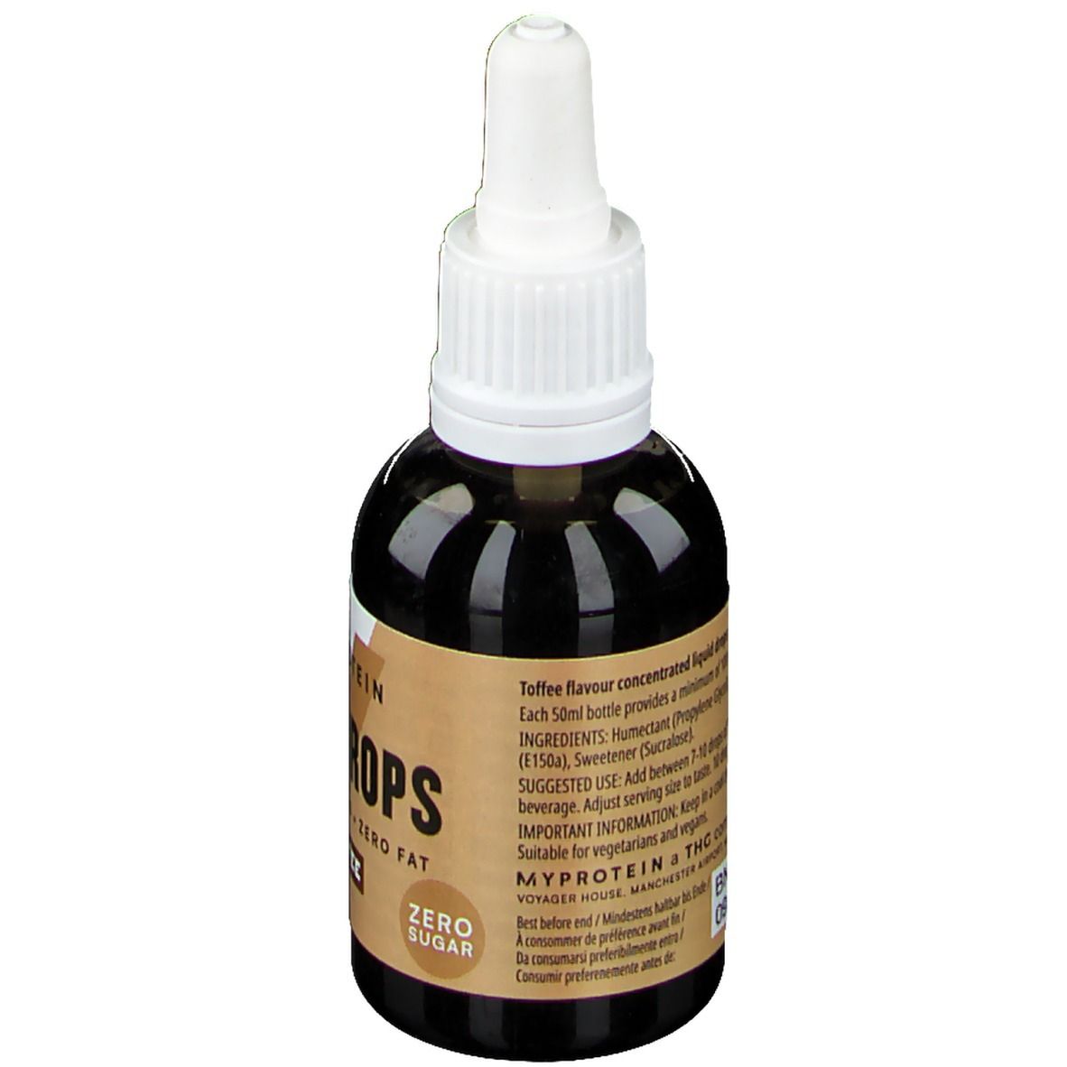 Braune Flasche mit weißem Deckel. Aufschrift: Myprotein FlavDrops, Zero Sugar. Text mit Inhaltsstoffen und Anwendungshinweisen.