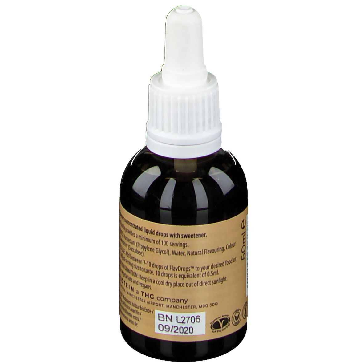 Braune Flasche mit weißem Deckel. Rückseite mit Text: Inhaltsstoffe, Anwendungshinweise, Mindesthaltbarkeitsdatum und Logo.