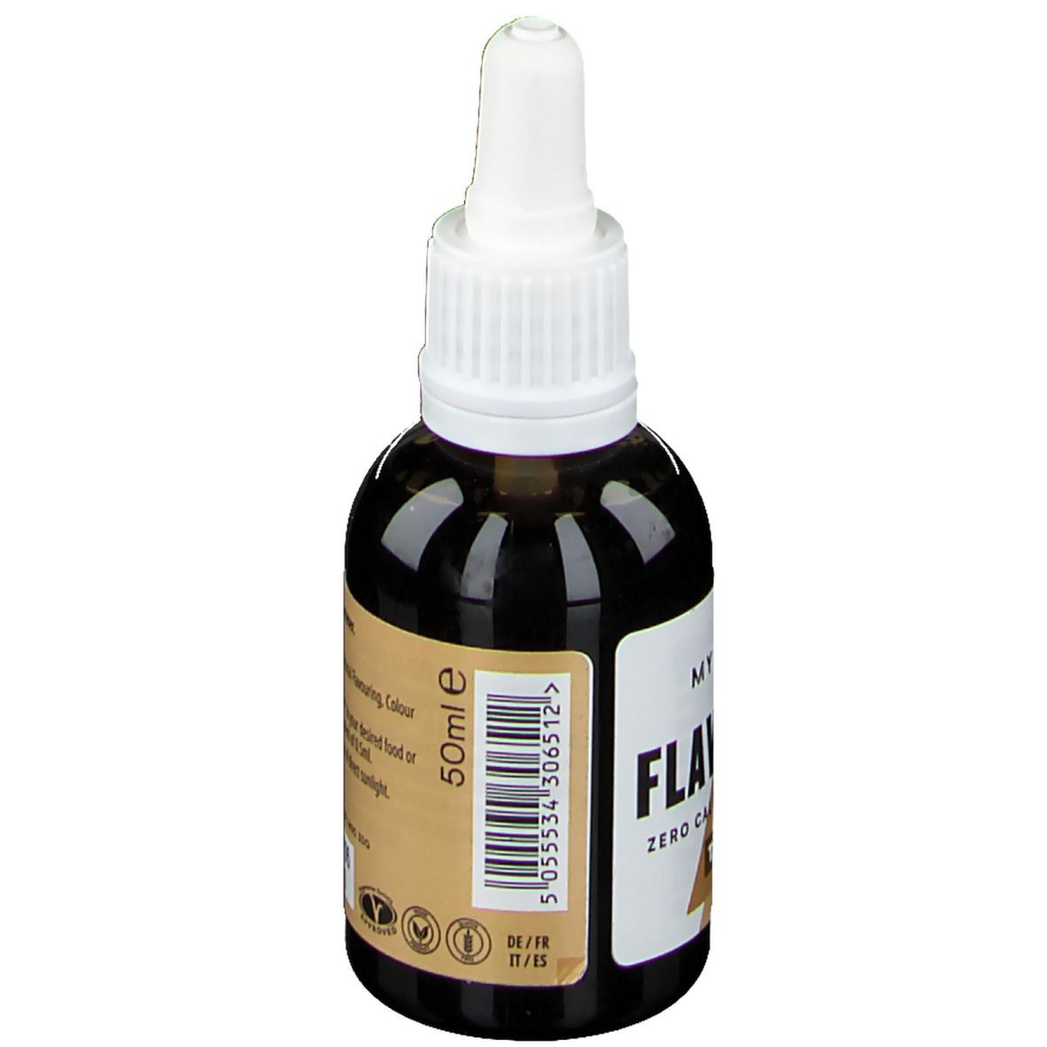 Braune Flasche mit weißem Deckel. Aufschrift: Myprotein FlavDrops, 50ml. Barcode und Logos.