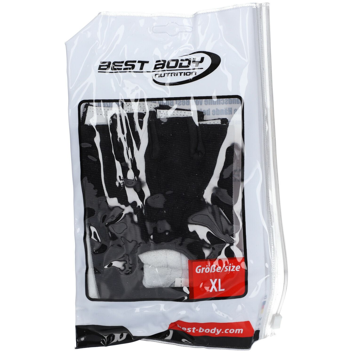 Fitnesshandschuhe in Plastikverpackung. Schwarze Handschuhe, rotes XL-Etikett. Best Body Nutrition Logo.