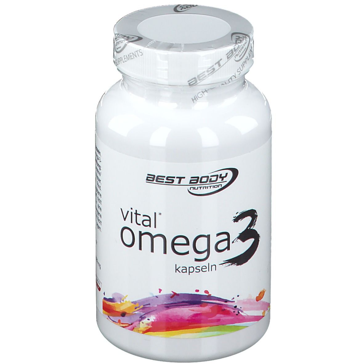 Weiße Flasche mit Omega 3 Kapseln. Aufschrift: Best Body Nutrition, vital Omega 3 kapseln.