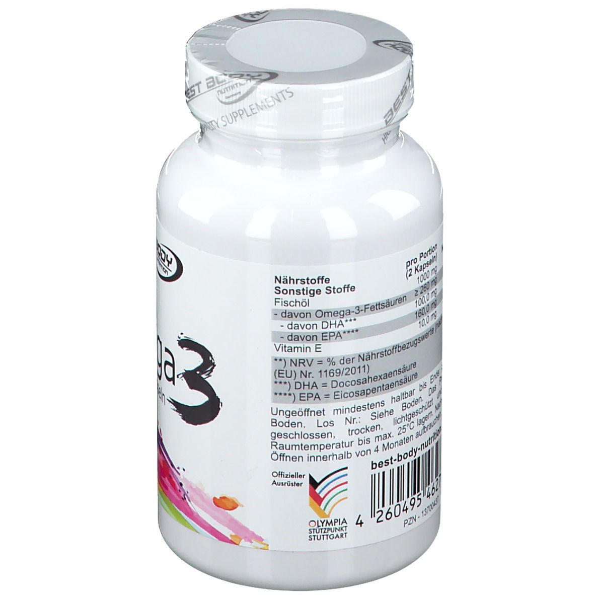 Rückseite der weißen Flasche mit Omega 3 Kapseln. Enthält Nährstoffinformationen und das Olympia-Siegel.