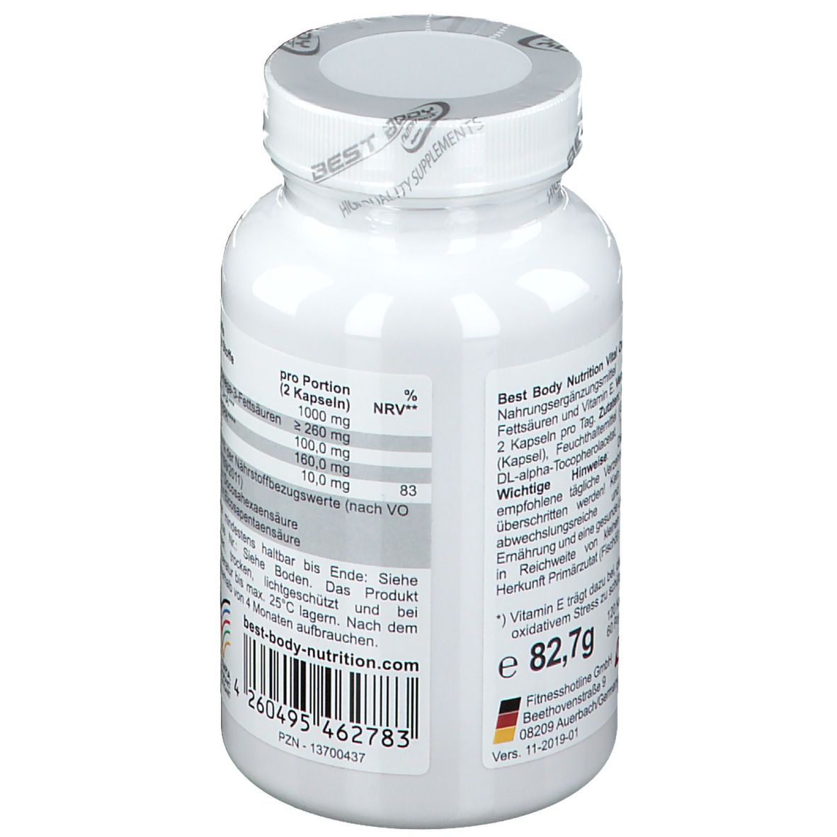 Rückseite der weißen Flasche mit Omega 3 Kapseln. Enthält Nährwertangaben und Kontaktinformationen.