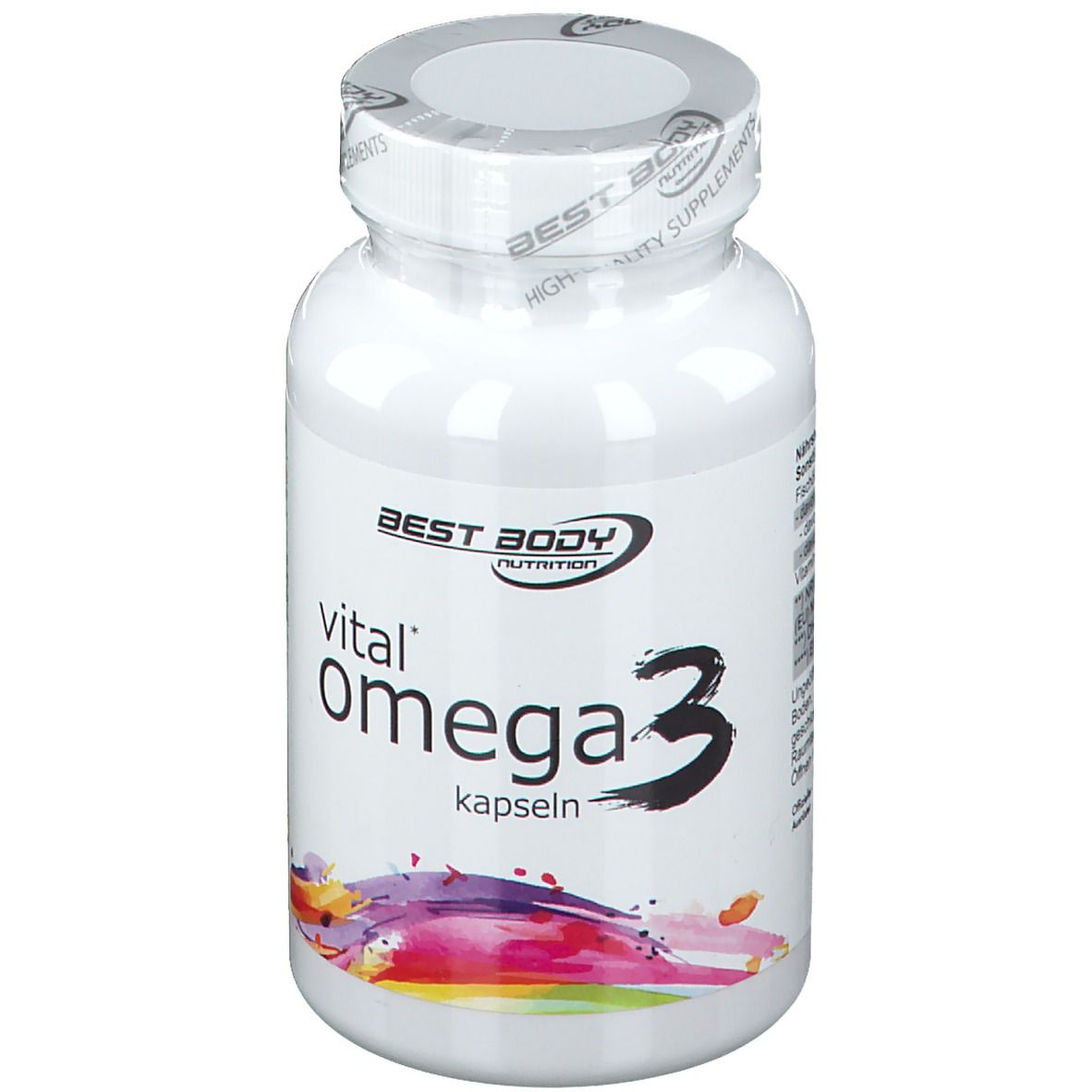 Weiße Flasche mit Omega 3 Kapseln. Aufschrift: Best Body Nutrition, vital Omega 3 kapseln.