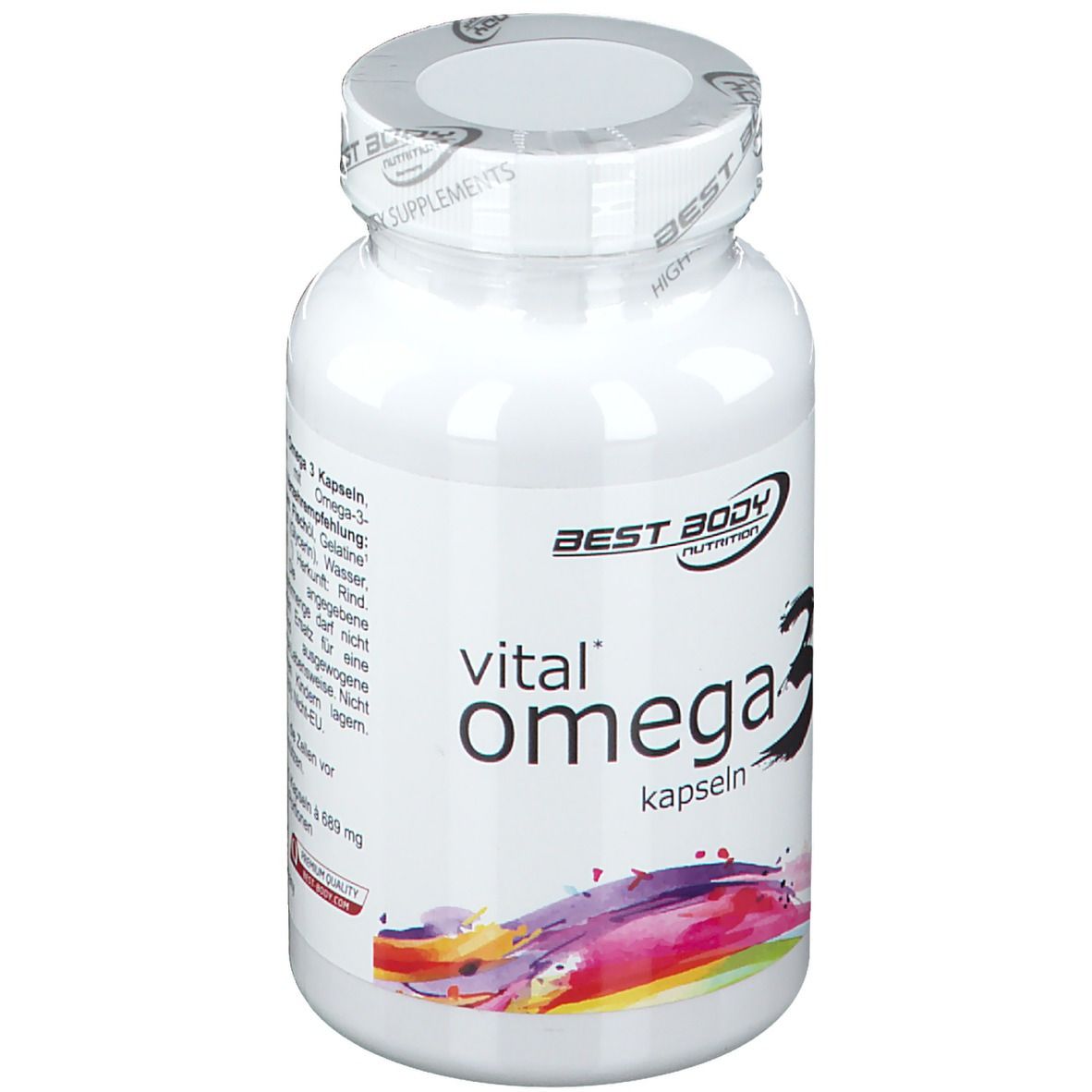 Weiße Flasche mit Omega 3 Kapseln. Aufschrift: Best Body Nutrition, vital Omega 3 kapseln.