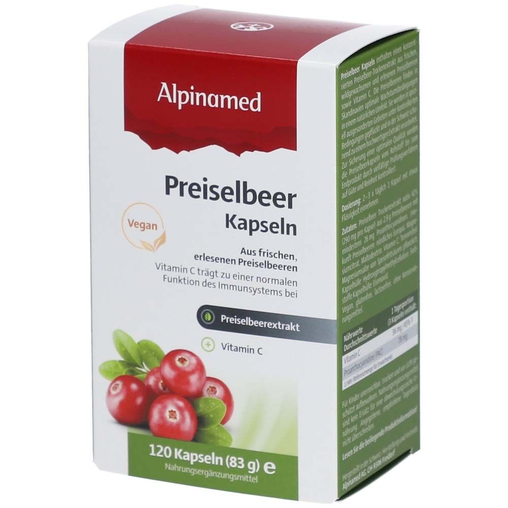 Alpinamed Preiselbeer Kapseln. Weiße Schachtel mit rotem Deckel. Cranberry-Abbildung. 120 Kapseln. Vegan.