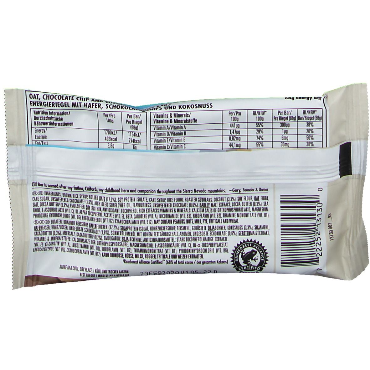 Verpackung eines Energieriegels mit Hafer, Schokolade und Kokosnuss. Rückseite mit Nährwertangaben und Zutatenliste.