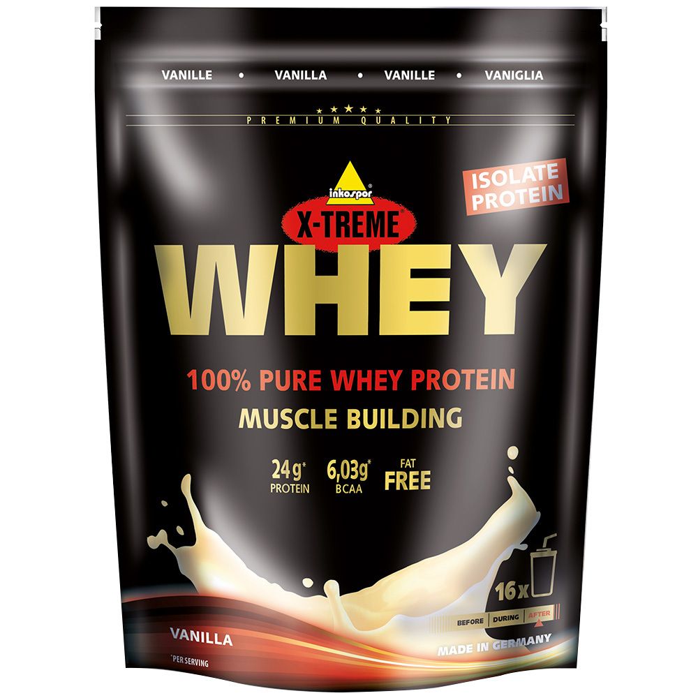 Schwarze Beutel mit „X-TREME WHEY“. Enthält 100% reines Molkenprotein. Vanille-Geschmack. „Made in Germany“.