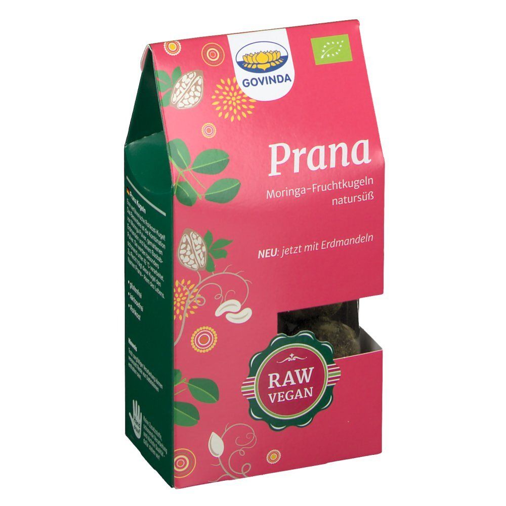 Rosa Verpackung mit Govinda-Logo und "Prana Moringa-Fruchtkugeln". Sichtbar: Raw Vegan Siegel und Produkt.