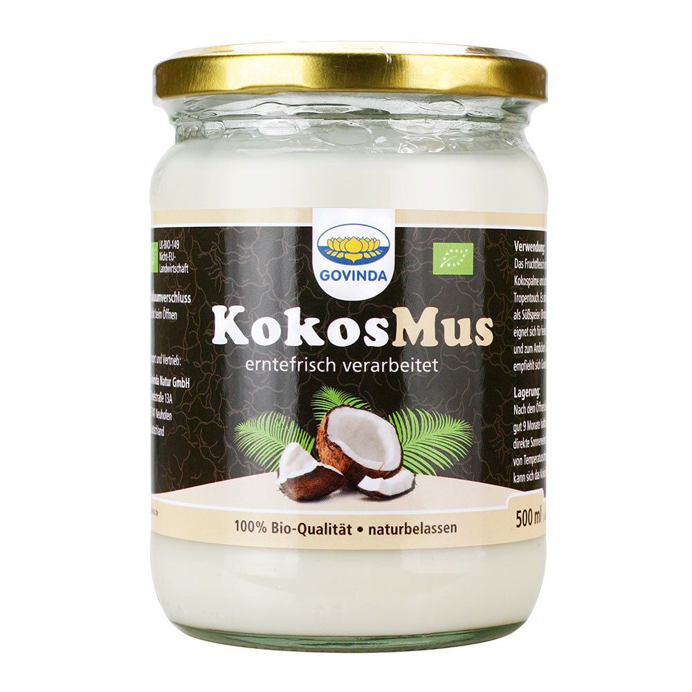 Glas mit KokosMus, Govinda-Logo, Bio-Qualität. Aufschrift: KokosMus, naturbelassen, 100% Bio-Qualität. Kokosnuss-Abbildung.