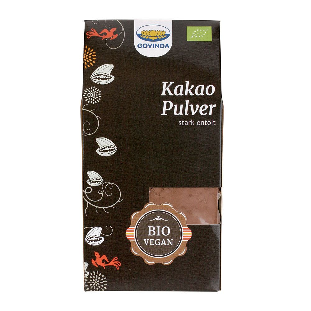 Dunkelbraune Verpackung mit "Govinda"-Logo und "Kakao Pulver". Bio- und Vegan-Siegel.