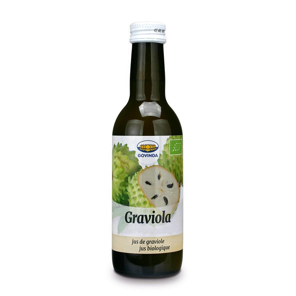 Grüne Glasflasche mit weißem Deckel. Etikett mit Graviola-Abbildung und Text. Bio-Siegel.