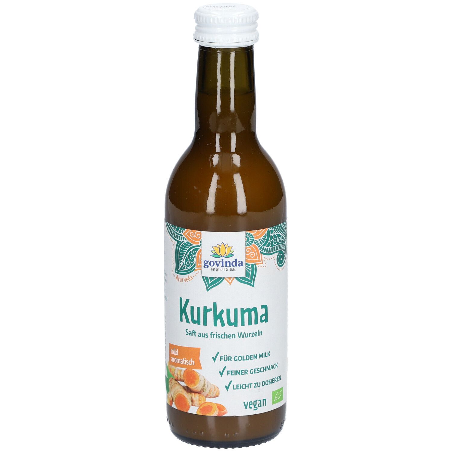 Braune Glasflasche mit weißem Deckel. Etikett mit Logo, Schriftzug Kurkuma und Zutaten. Vegan.
