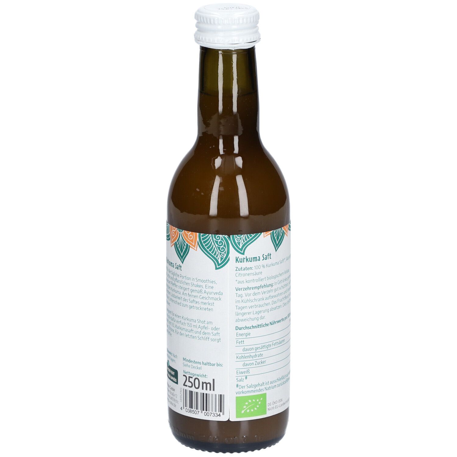 Braune Glasflasche mit weißem Deckel. Rückseite mit Text und Bio-Siegel. Volumen 250ml.