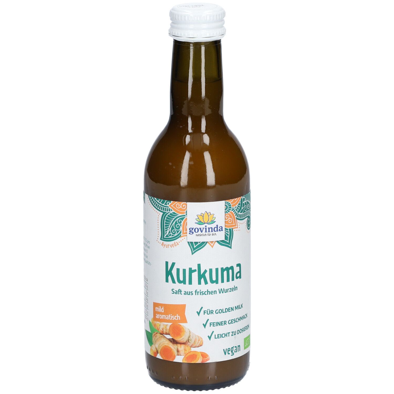 Braune Glasflasche mit weißem Deckel. Etikett mit Logo, Schriftzug Kurkuma und Zutaten. Vegan.