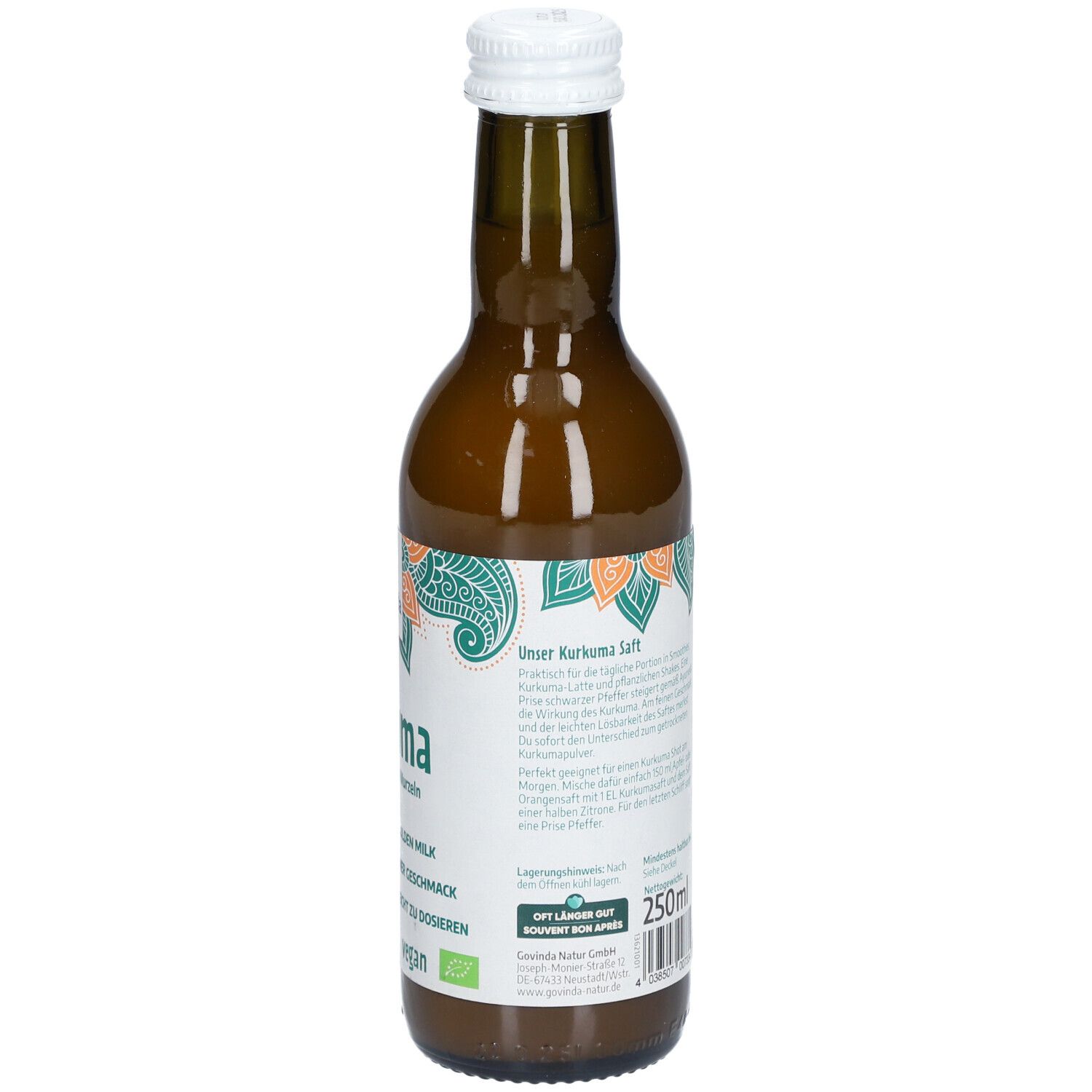 Braune Glasflasche mit weißem Deckel. Rückseite mit Text und Bio-Siegel. Volumen 250ml.
