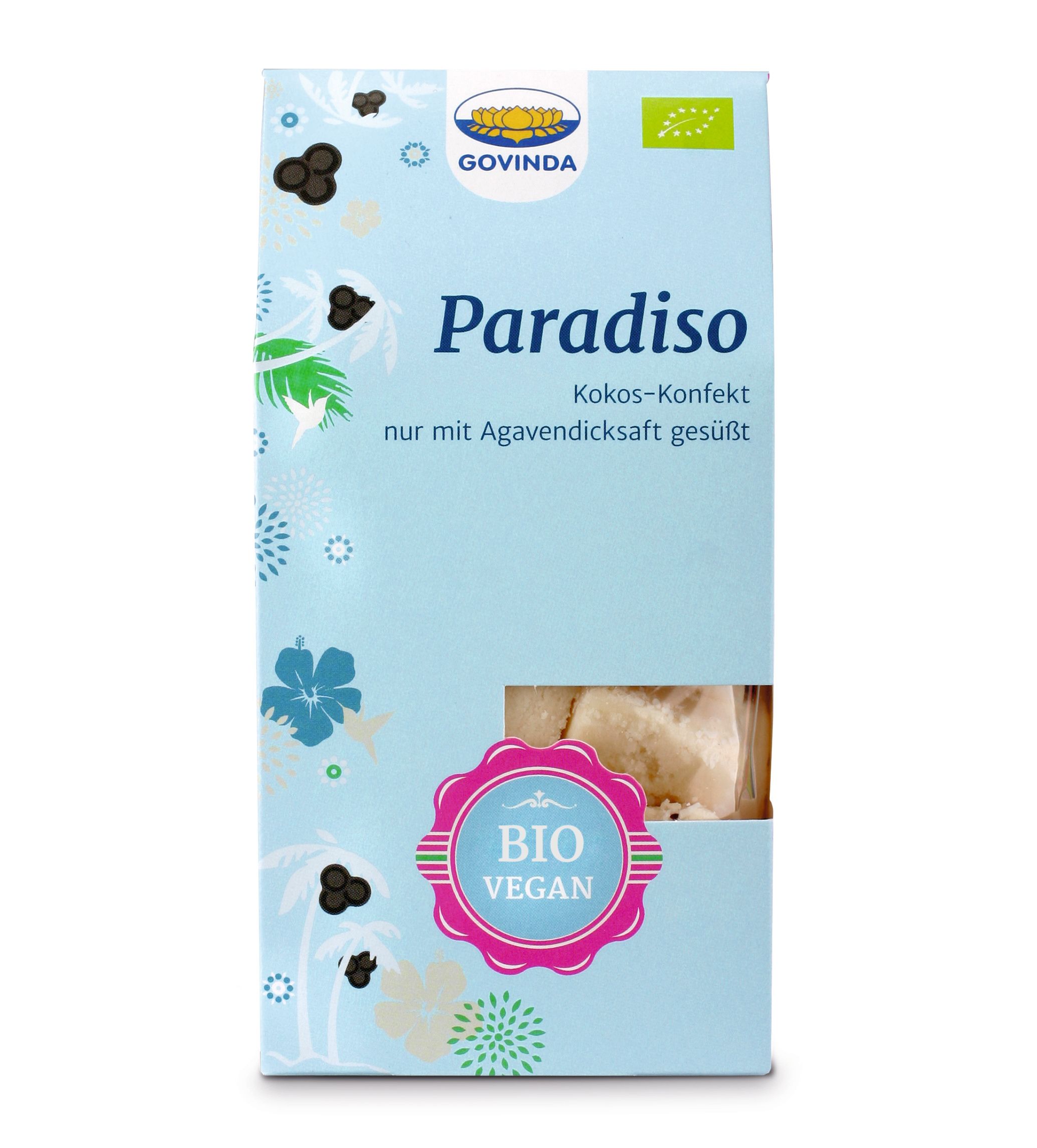 Verpackung von Paradiso Kokos-Konfekt. Hellblauer Hintergrund mit Logo, Produktname und Bio-Siegel. Sichtfenster mit Konfekt.