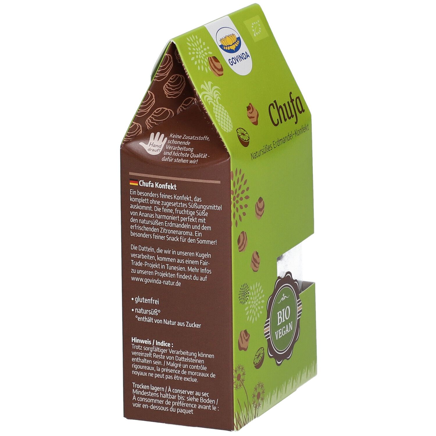 Verpackung mit "Govinda"-Logo und "Chufa" Schriftzug. Rückseite mit Text und Nährwertangaben. "Bio Vegan" Siegel.