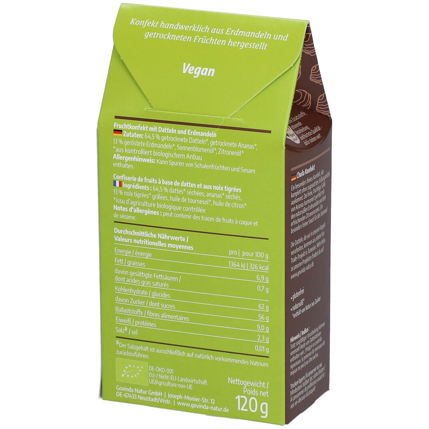 Rückseite der Verpackung mit Text, Nährwertangaben und "Vegan" Schriftzug. "Bio" Siegel.