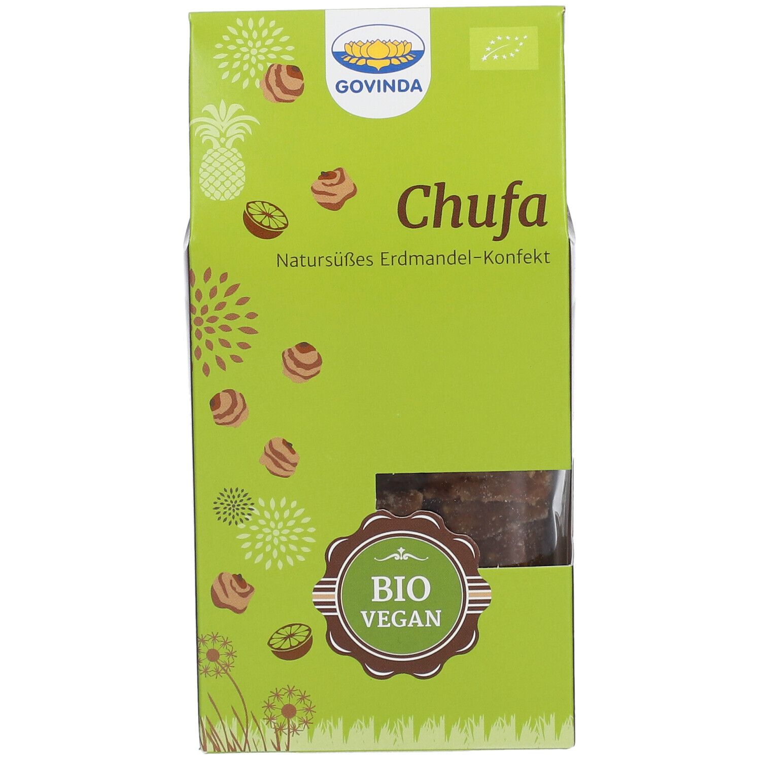 Grüne Verpackung mit "Govinda"-Logo, "Chufa" Schriftzug und "Bio Vegan" Siegel. Sichtfenster zeigt Konfekt.