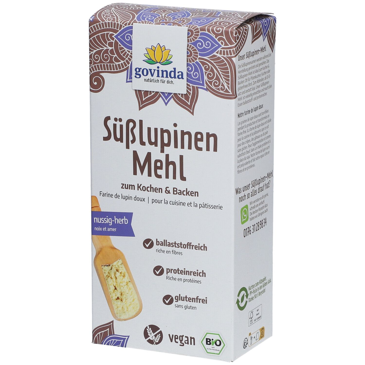 Weißer Karton mit Govinda Süßlupinen Mehl. Text: zum Kochen & Backen, nussig-herb, ballaststoffreich, proteinreich, glutenfrei, vegan.
