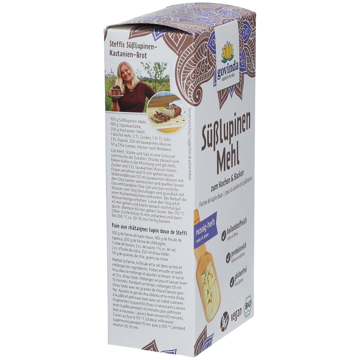 Karton mit Govinda Süßlupinen Mehl. Text: zum Kochen & Backen, Rezept für Steffi's Süßlupinen-Kastanien-Brot, vegan, Bio-Siegel, Zutatenliste, Nährwertangaben.