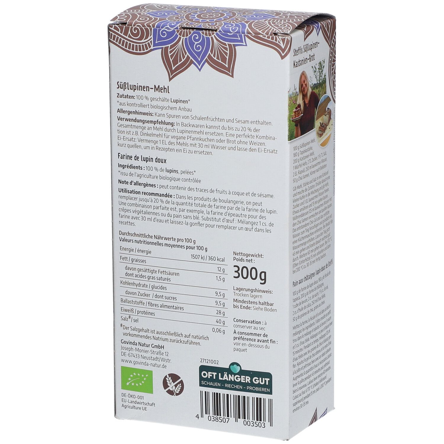 Rückseite der Govinda Süßlupinen Mehl Verpackung. Text: Zutaten, Nährwertangaben, 300g, Bio-Siegel, Haltbarkeit, Kontaktinformationen, vegan.
