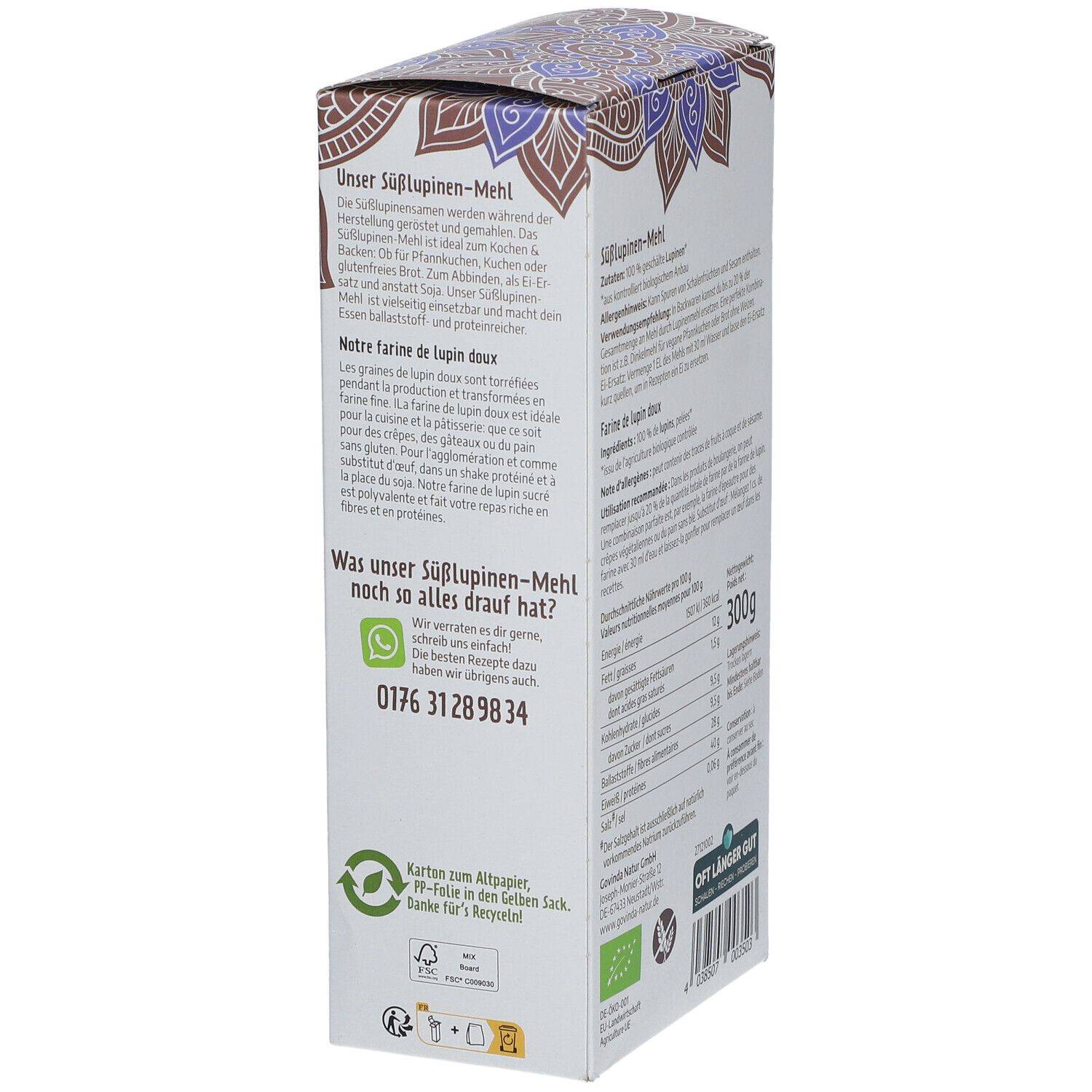 Rückseite der Govinda Süßlupinen Mehl Verpackung. Text: Was unser Süßlupinen-Mehl noch so alles drauf hat?, 300g, Bio-Siegel, vegan.