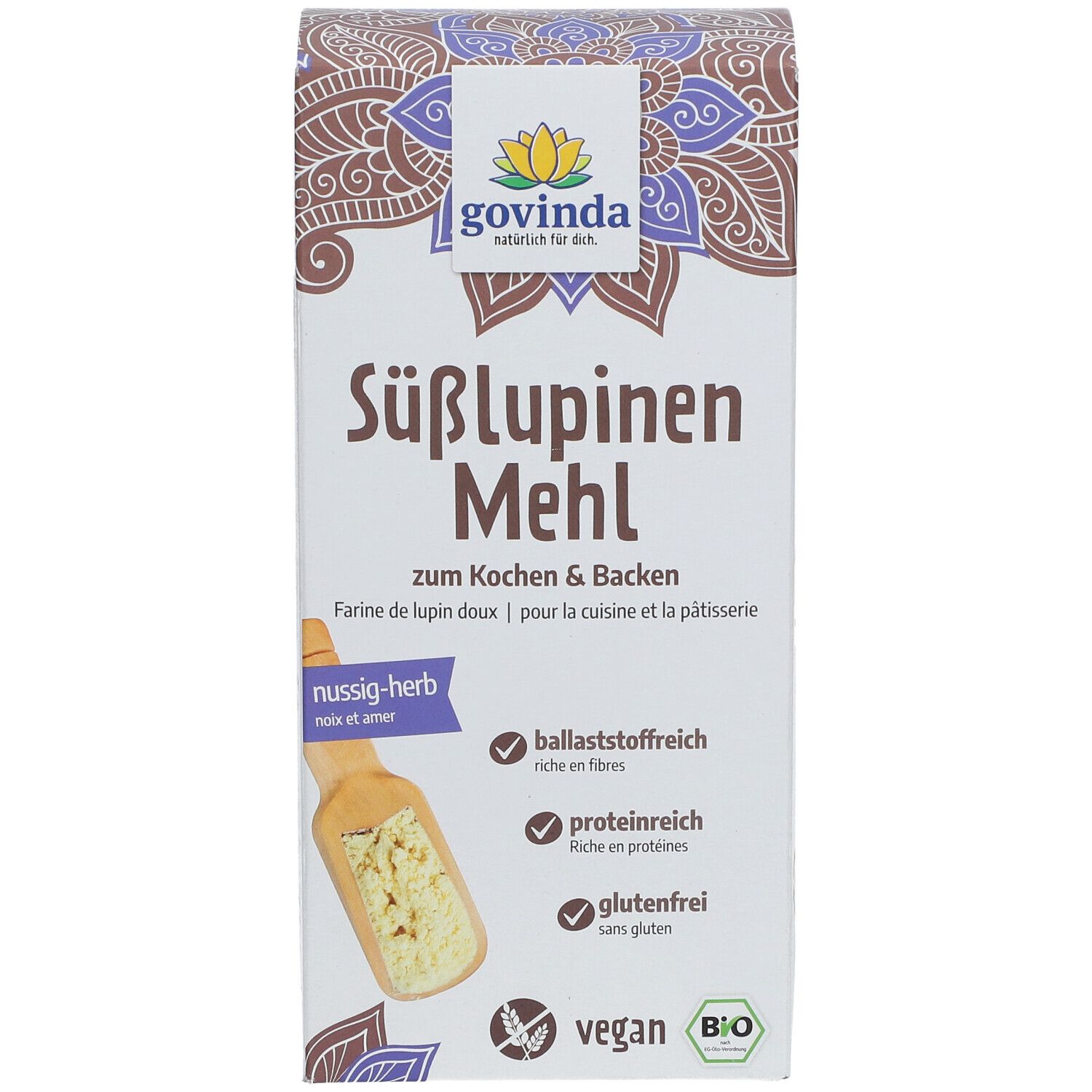 Weißer Karton mit Govinda Süßlupinen Mehl. Text: zum Kochen & Backen, nussig-herb, ballaststoffreich, proteinreich, glutenfrei, vegan.