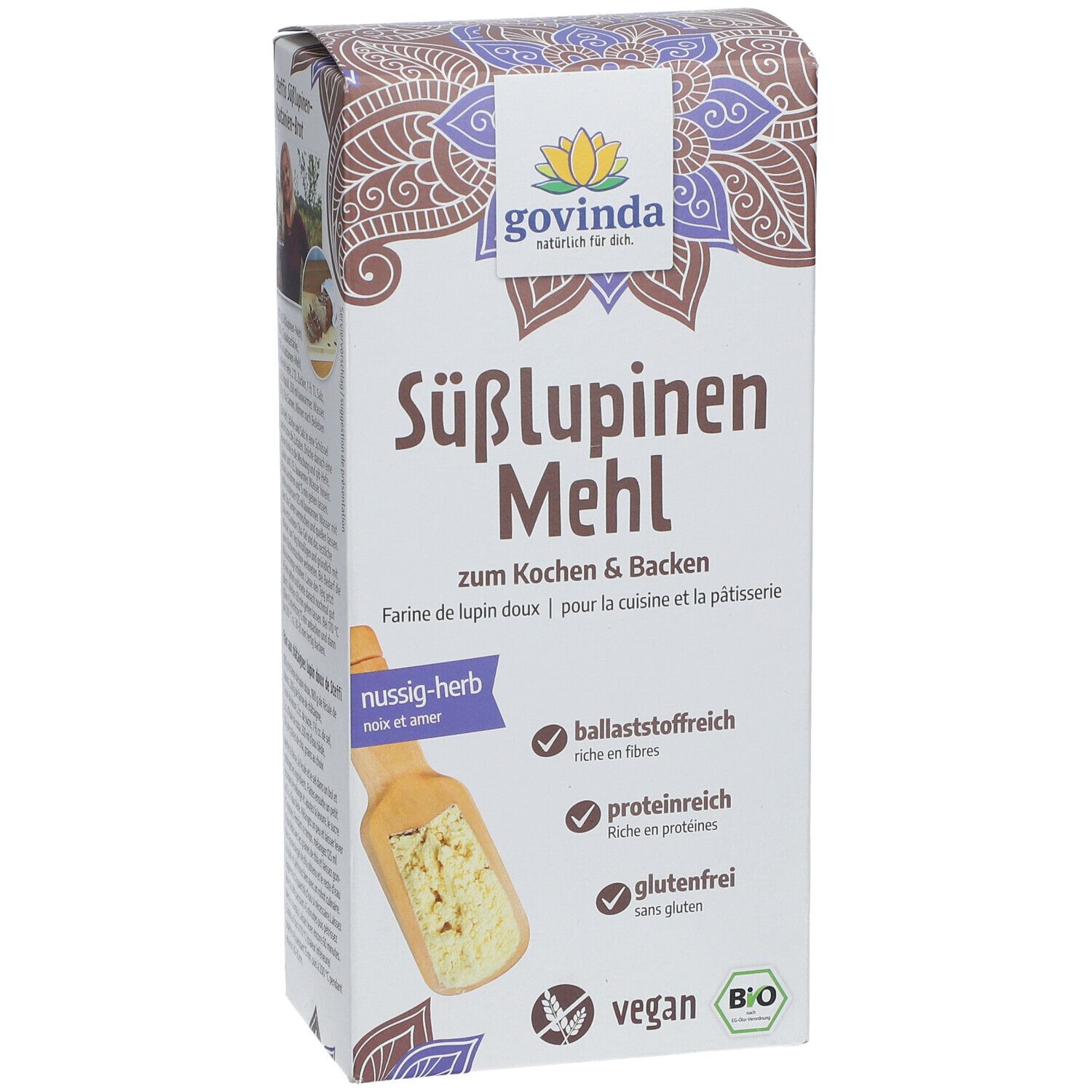 Weißer Karton mit Govinda Süßlupinen Mehl. Text: zum Kochen & Backen, nussig-herb, ballaststoffreich, proteinreich, glutenfrei, vegan.