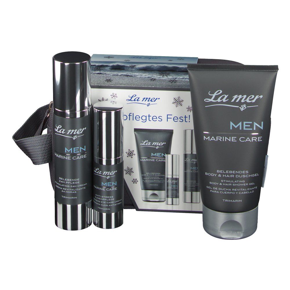 Geschenkset mit mehreren Produkten. Enthält Tuben, Flaschen und eine Kosmetiktasche. Aufschrift: La mer MEN MARINE CARE.