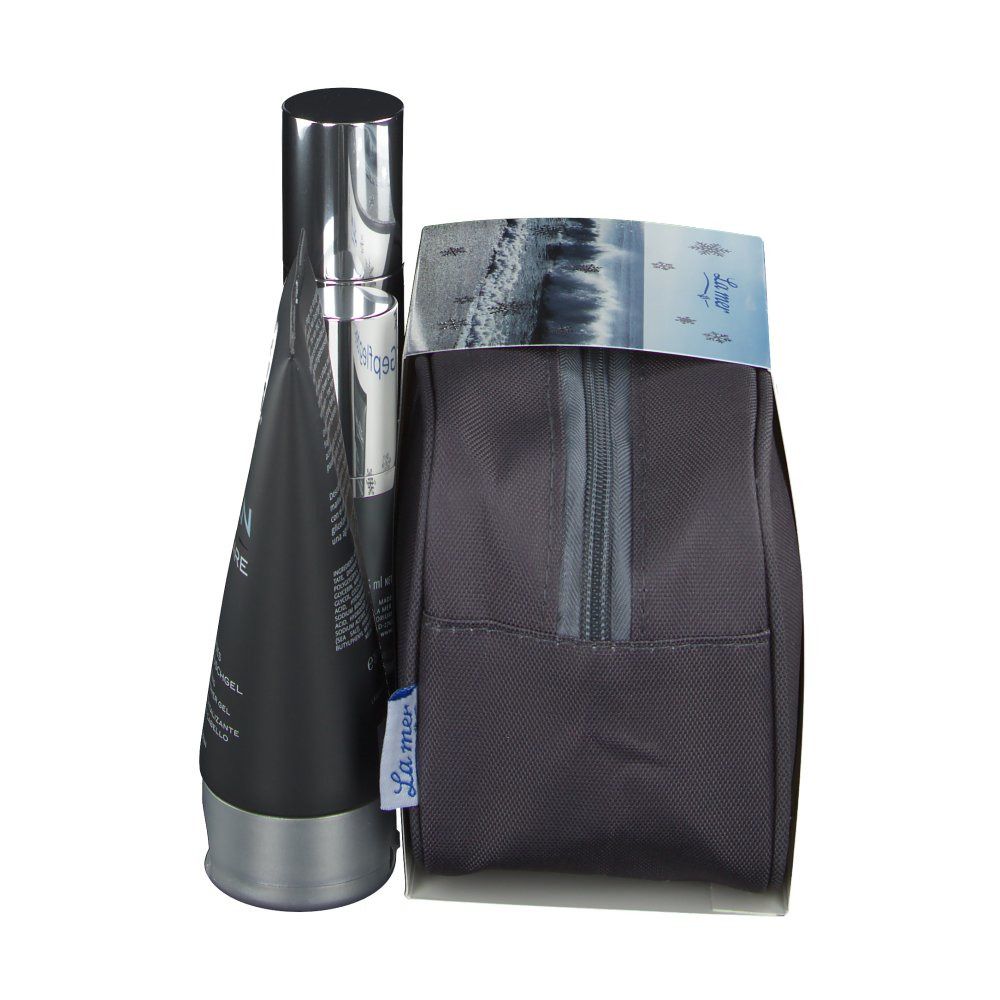 Eine Tube und eine Kosmetiktasche. Aufschrift: La mer. Die Tasche hat einen Reißverschluss.