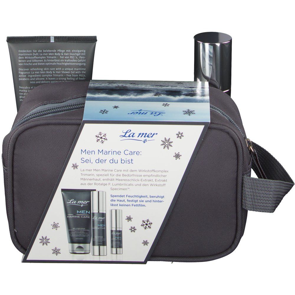 Kosmetiktasche mit Produkten und einem Etikett. Aufschrift: La mer MEN MARINE CARE. Die Tasche hat einen Reißverschluss.