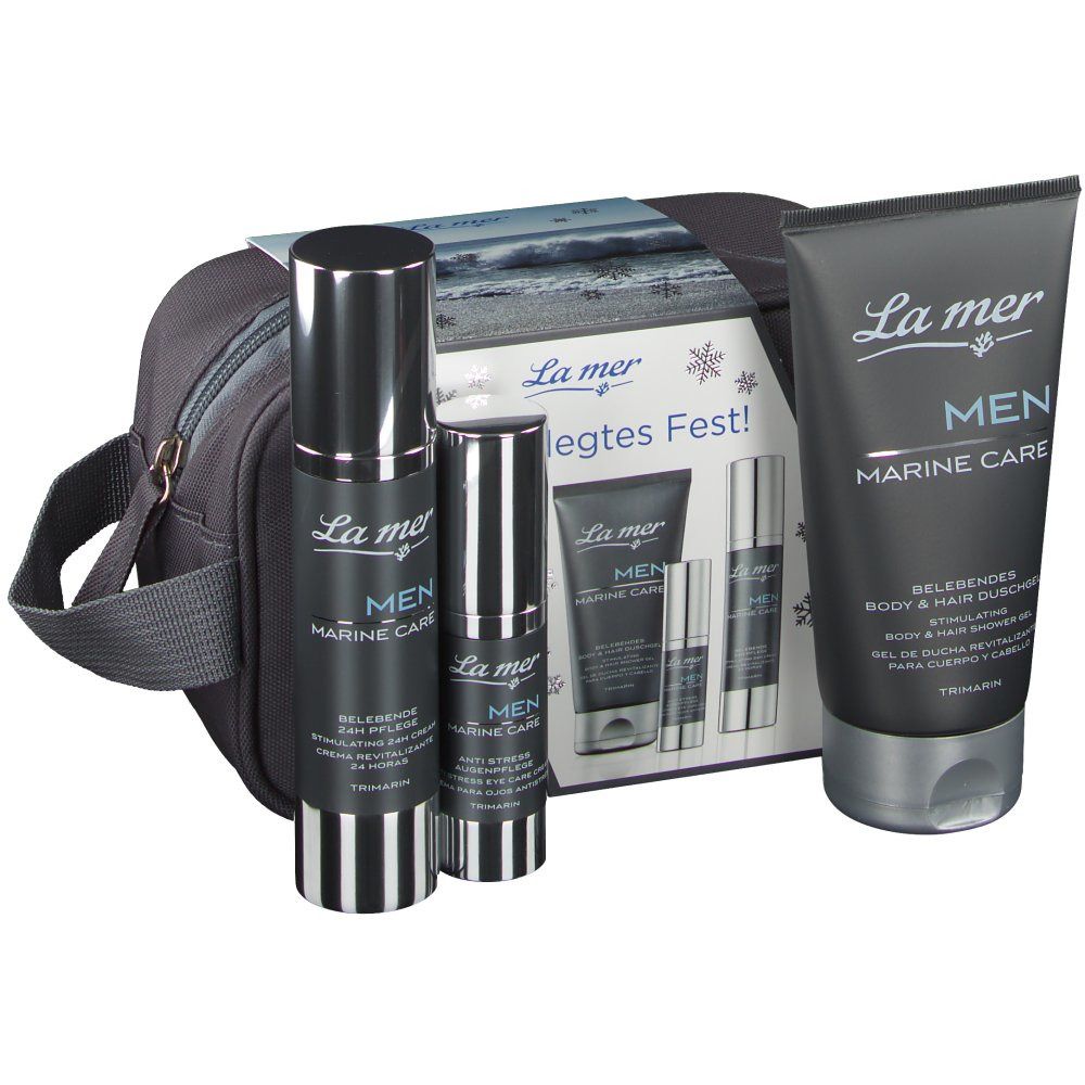 Geschenkset mit mehreren Produkten. Enthält Tuben, Flaschen und eine Kosmetiktasche. Aufschrift: La mer MEN MARINE CARE.