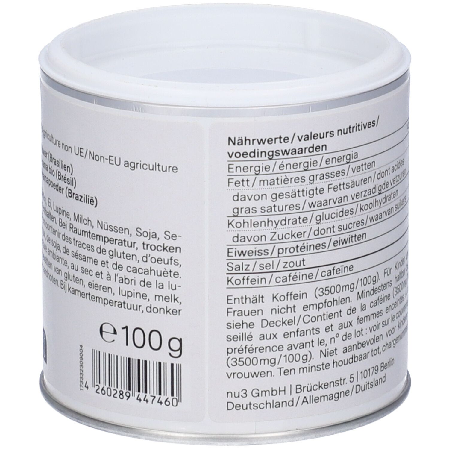 Rückseite der Dose mit Nährwertangaben und Inhaltsstoffen. Text in Deutsch, Französisch und Niederländisch. Mit Bio-Siegel.