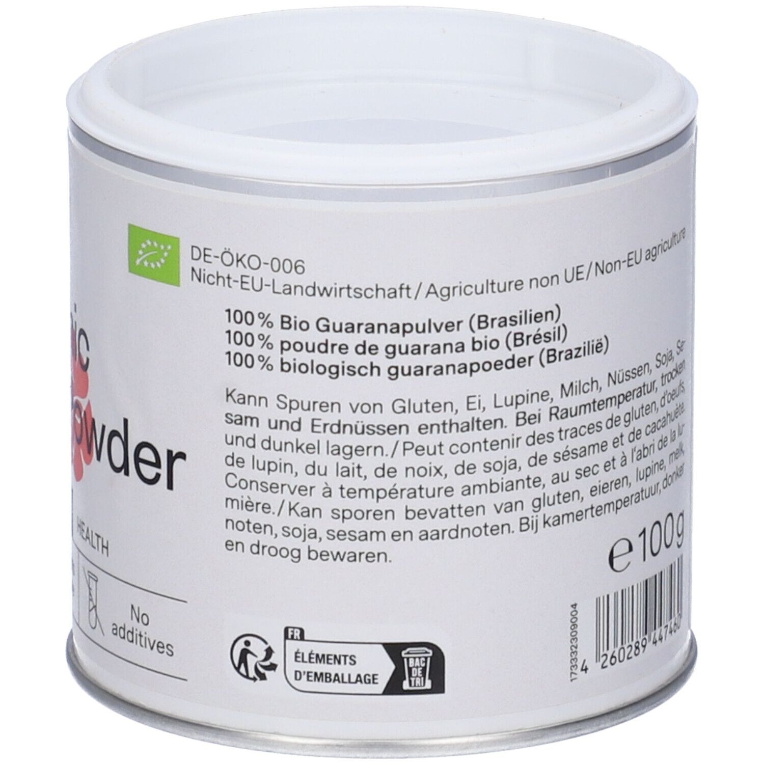 Rückseite der Dose mit Nährwertangaben und Inhaltsstoffen. Text in Deutsch, Französisch und Niederländisch. Mit Bio-Siegel.