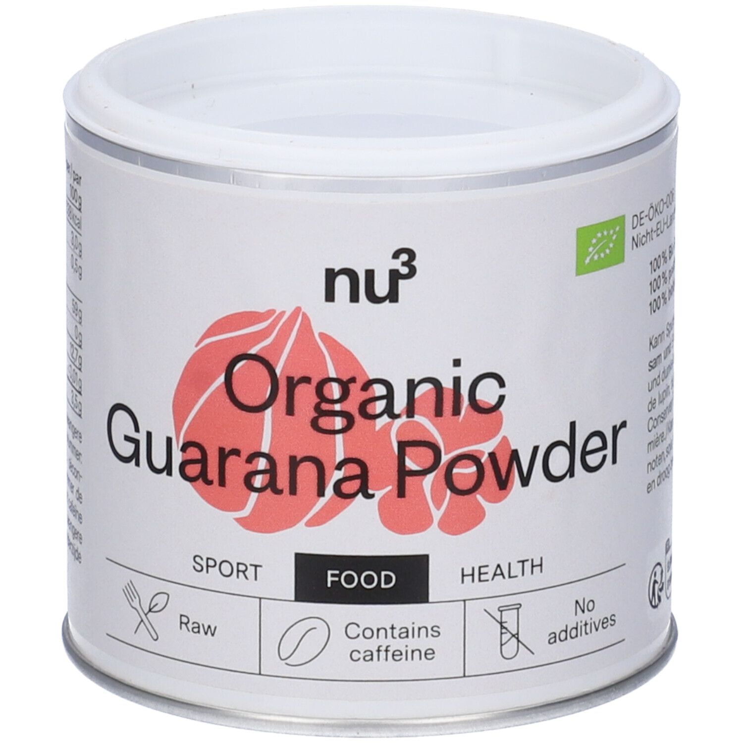 Weißes Dose mit rotem Guarana-Pulver-Logo. Aufschrift: Organic Guarana Powder, enthält Koffein. Mit Bio-Siegel.