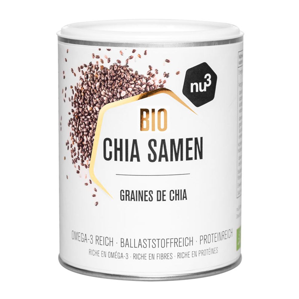 Zylinderdose mit nu3 Bio Chiasamen. Aufschrift: BIO CHIA SAMEN, GRAINES DE CHIA. Schwarzes nu3 Logo. Omega-3, ballaststoffreich, proteinreich.