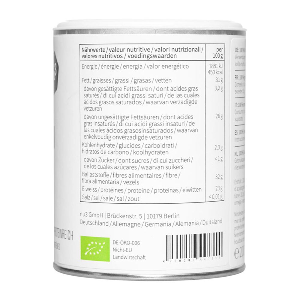 Rückseite der Dose mit Nährwerttabelle. Enthält Informationen zu Energie, Fett, Kohlenhydraten, Zucker, Ballaststoffen, Eiweiß und Salz. Bio-Siegel.