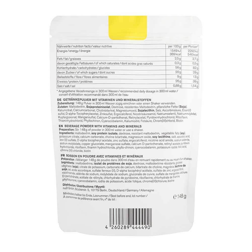 Rückseite des "nu3 Compleat" Beutels. Text: Nährwertangaben, Zutaten, Gebrauchsanweisung. EAN-Code und Gewicht.