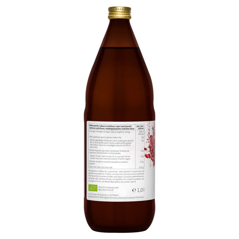 Rückseite der braunen Glasflasche. Etikett mit Nährwertangaben und Bio-Siegel.