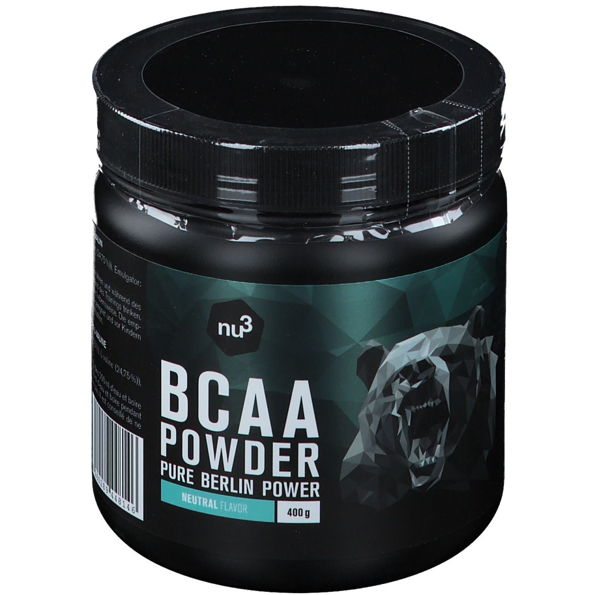 Schwarze Dose mit "nu3 BCAA Powder". Aufschrift "Pure Berlin Power". 400g. Neutral Flavor. Bär-Grafik.