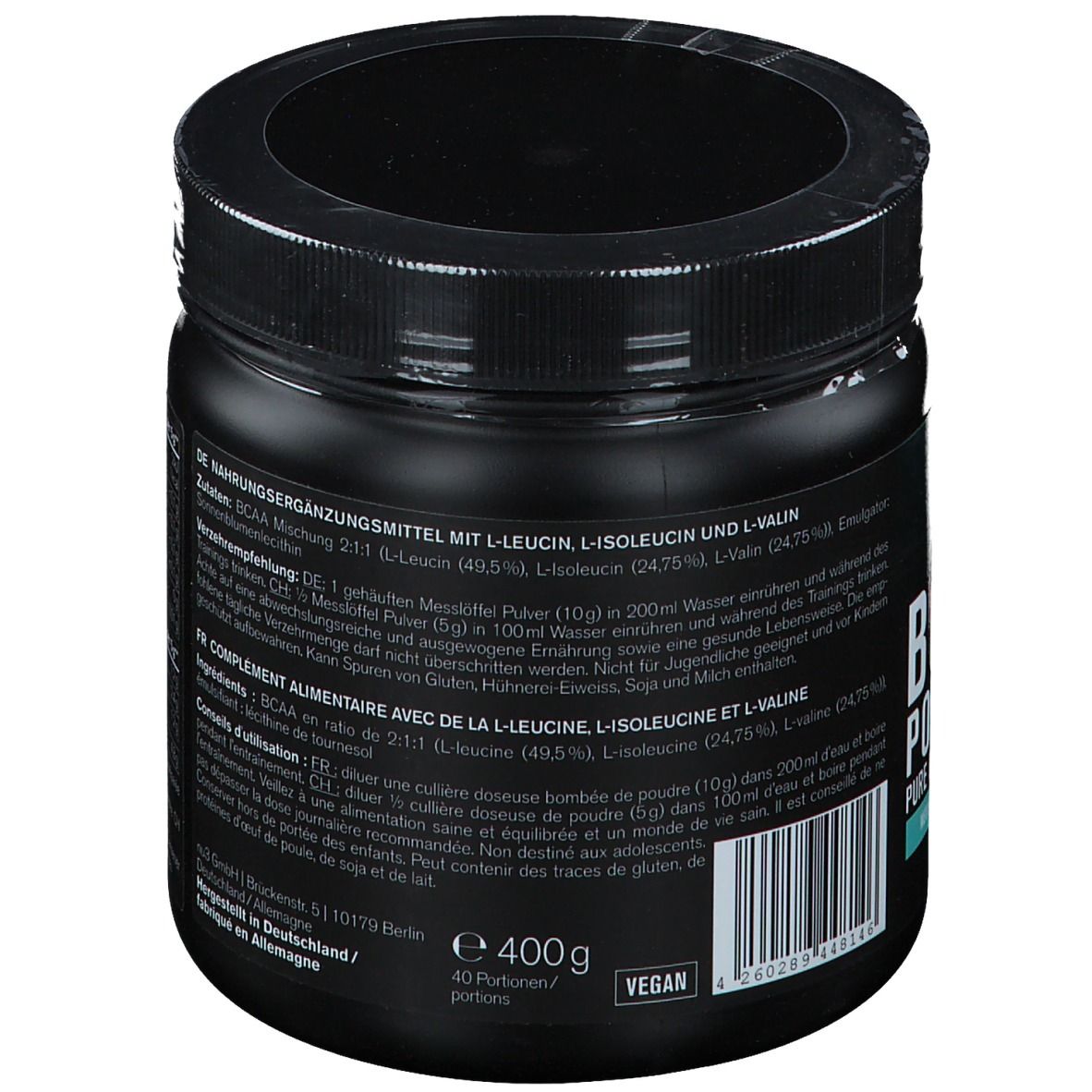 Schwarze Dose mit Nährwertangaben. 40 Portionen. Vegan. Deckel mit Siegel.
