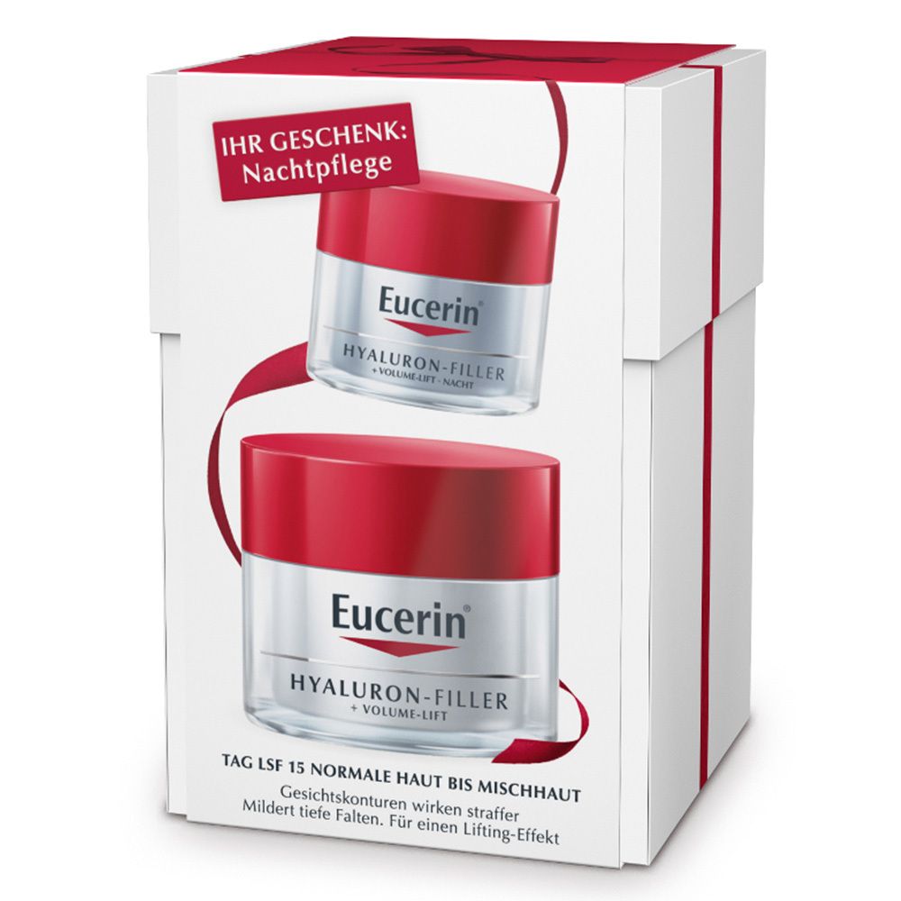 Geschenkset mit zwei Cremes. Auf der Verpackung ist der Markenname Eucerin und Produktname Hyaluron-Filler zu sehen. Roter Deckel, silberner Behälter.
