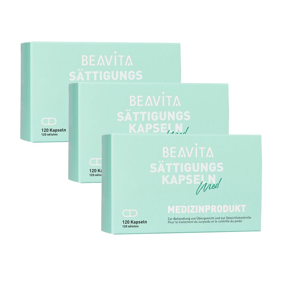 Drei Packungen BEAVITA Sättigungskapseln. Hellgrüne Schachteln mit weißer Schrift. Jede Schachtel enthält 120 Kapseln. Medizinprodukt.