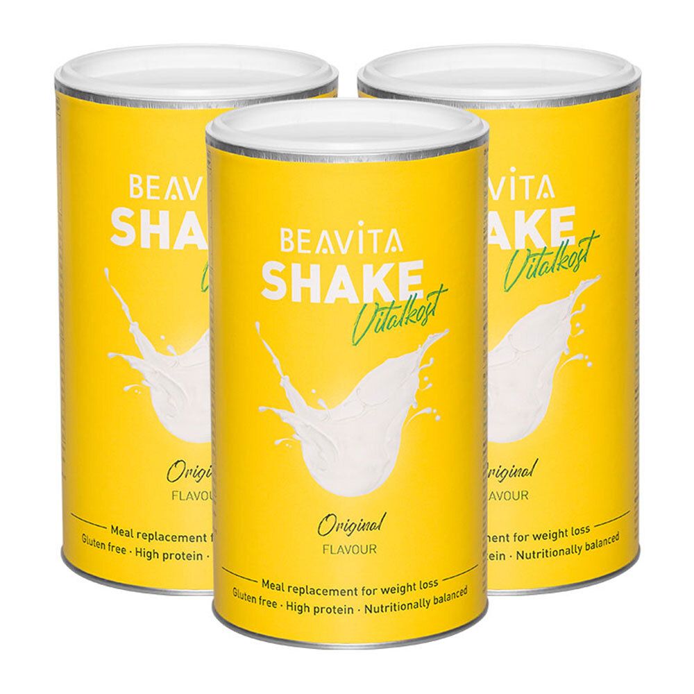 Drei gelbe Dosen BEAVITA Shake Vitalkost Original. Aufschrift: Original Flavour. Mit weißem Spritzer-Motiv. Deckel und Schriftzug in Weiß.