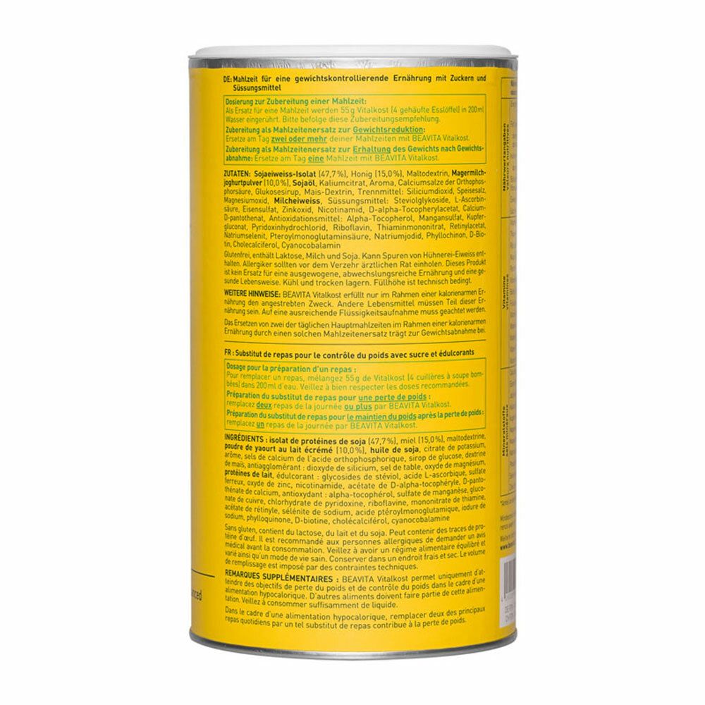 Gelbe Dose BEAVITA Vitalkost Original. Rückseite mit Text in mehreren Sprachen. Enthält Informationen zu Inhaltsstoffen und Nährwerten.